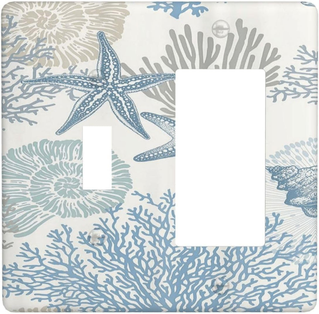 Decorative Outlet Covers Blue Starfish Coral Seaweed 2 Gang Wall Plate Single Toggle 1 Rocker Light Switch Cover Switch Plate Covers for Bathroom Bedroom Home Decor