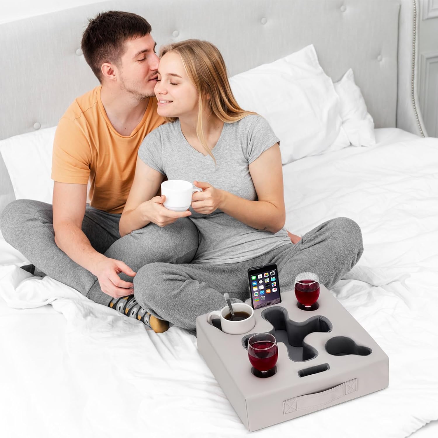 Couch Cup Holder Pillow-Sofa Cup Holder for Bed, Rv, Tv, Car, Man Cave, Backseat | Remote, Drinks, Snacks Tray Caddy Cupholder (PULightGrey)