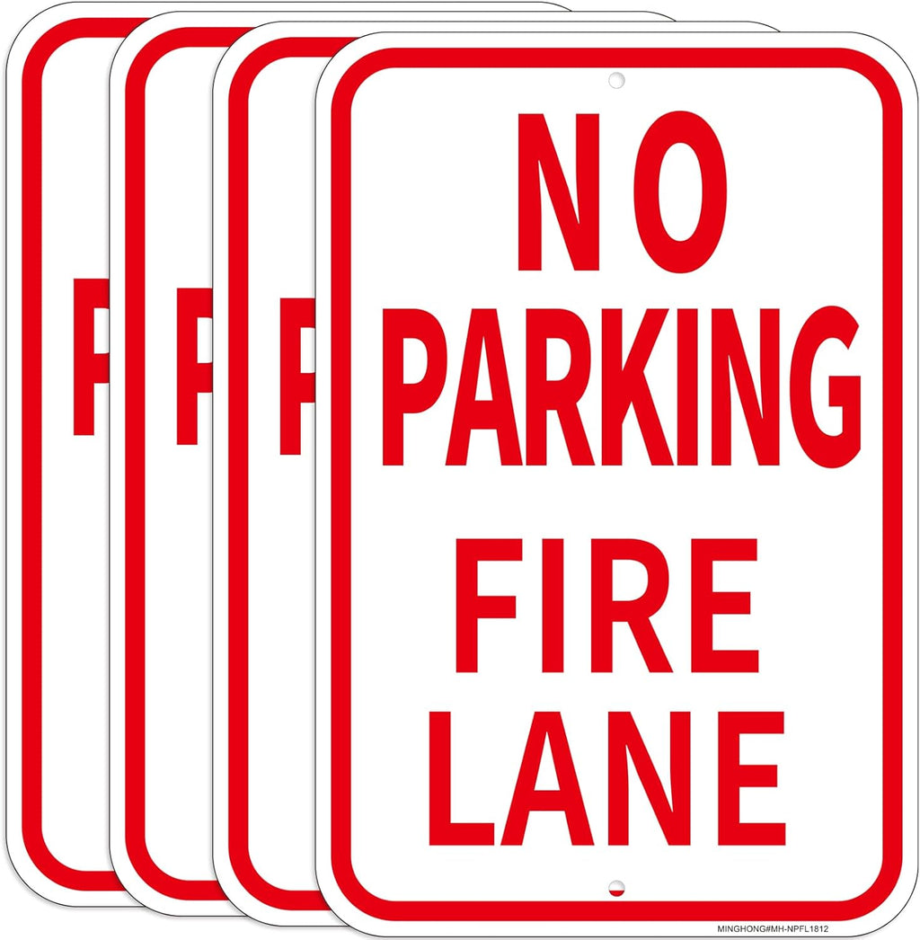 4 Pack Fire Lane No Parking Signs -12" x 18" Aluminum No Parking Fire Lane Sign for Business, With Reflective Overlay, Rust Free, Weather Resistant- Easy to install