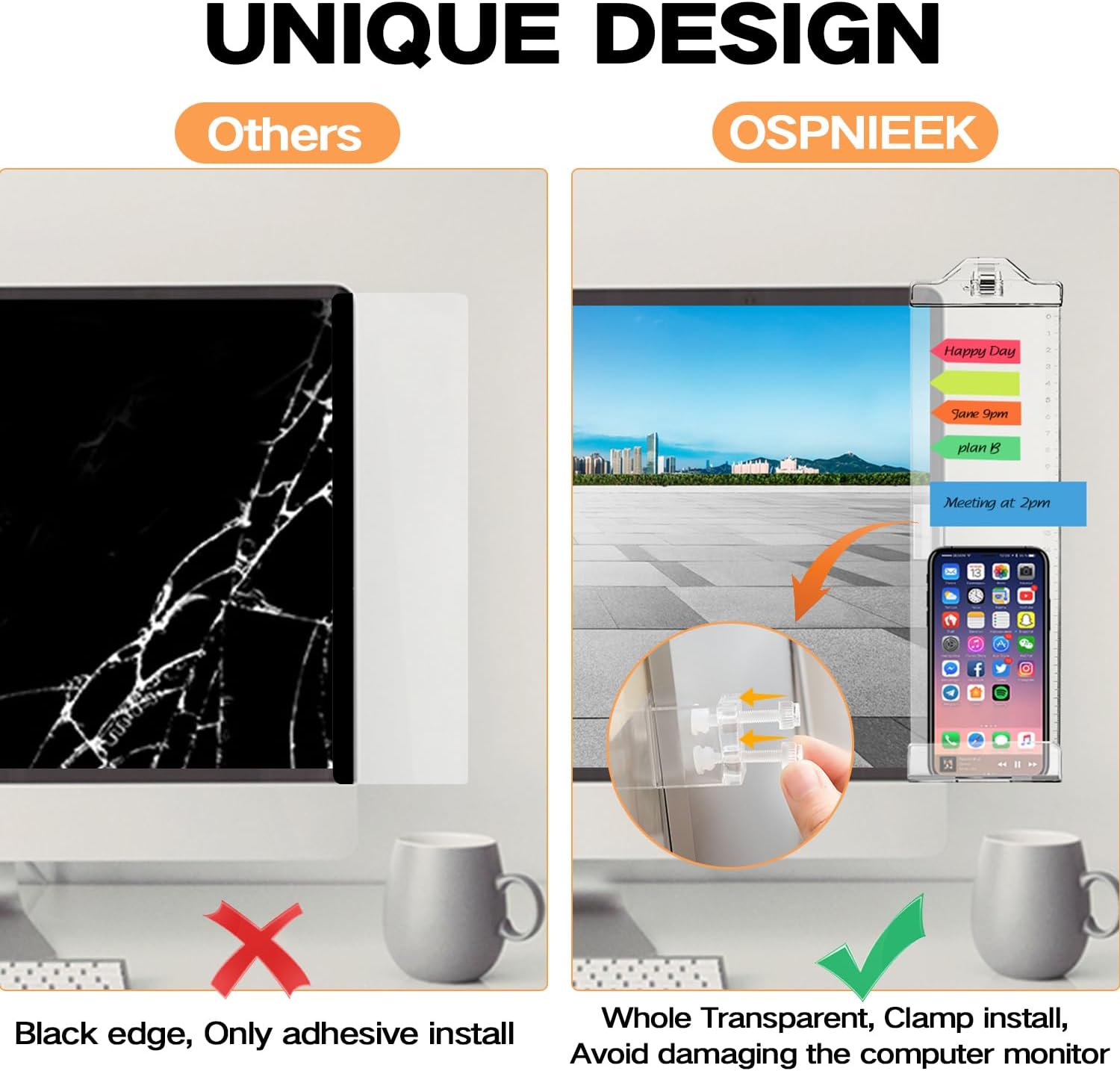 Monitor Memo Boards for Computer, Upgrade Transparent 3 PCS (Left & Right & Bottom) Multifunction Screen Message Reminder Pad Side Panel Phone Holder Organizer for Office Desktop, with Pen Sticky Note
