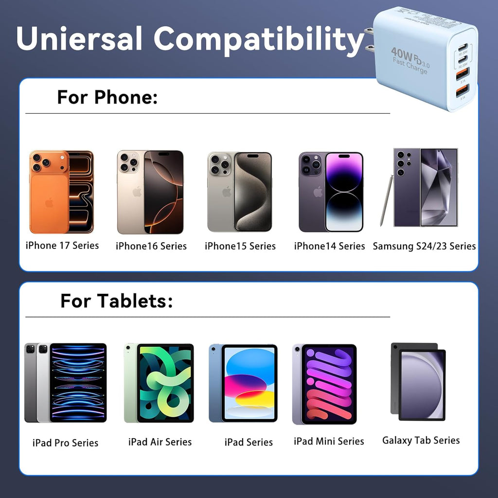 USB C Wall Fast Charger Block, 40W 4-Port Type C Chargers Fast Charging Blocks PD Power Charger Adapter+QC 3.0 USB Multiport Charger Brick for Phone 17/16/15/14/13/12 Pro Max, i-Pad, Galaxy S25-2Pack