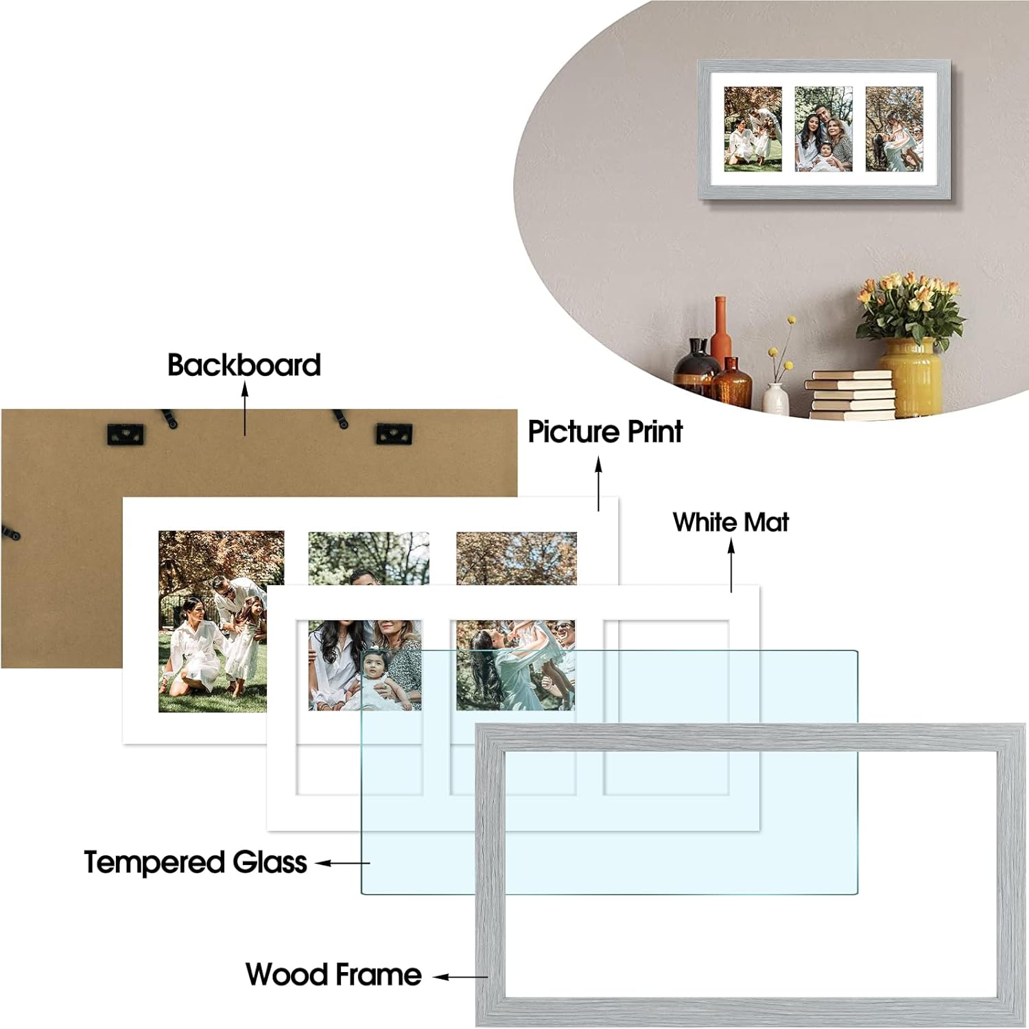 Golden State Art, Set of 3, 9x18 Grey Wood Frame - White Mat for Three 5x7 Pictures - Sawtooth Hangers- Swivel Tabs - Wall Mounting - Landscape/Portrait - Real Glass - Collage Frame