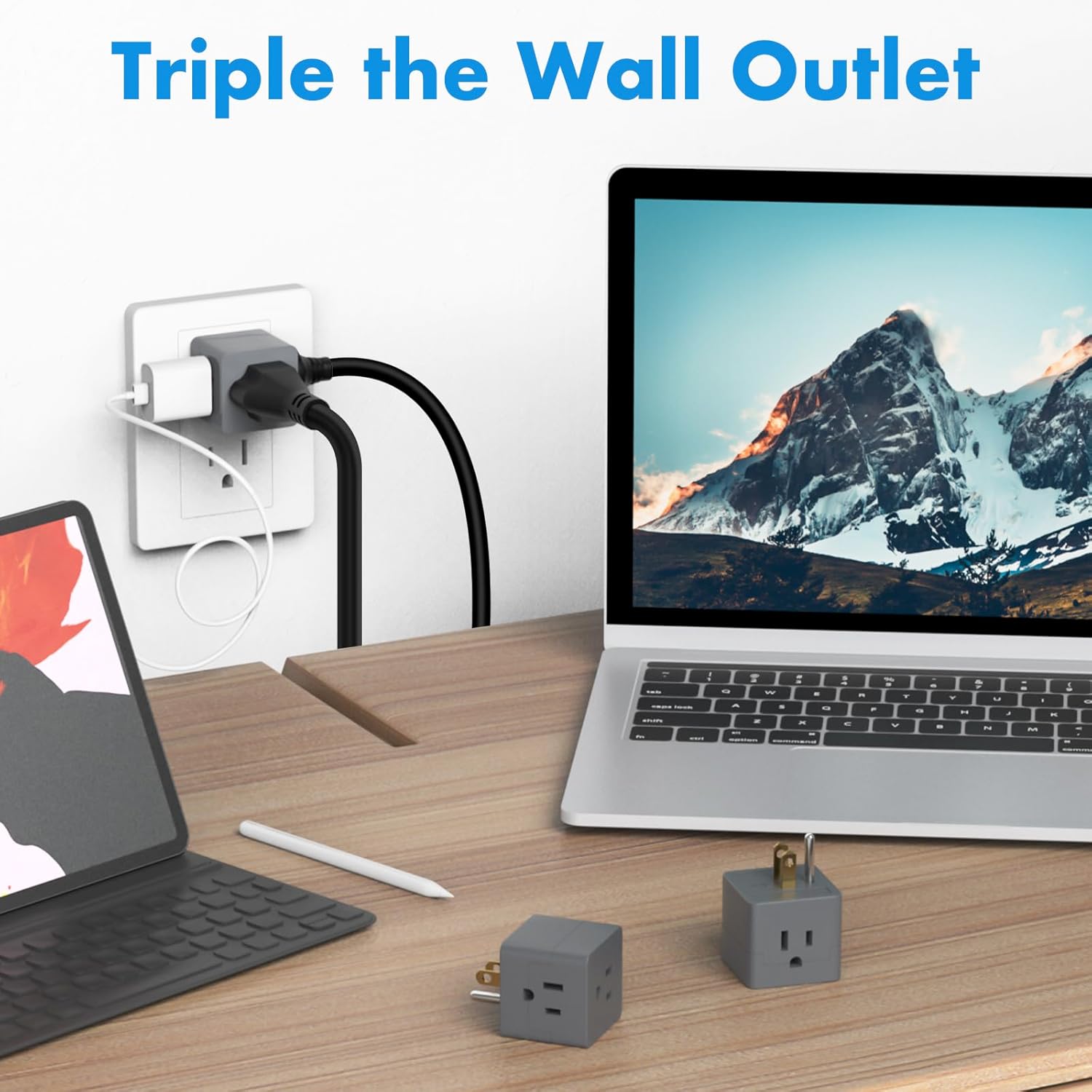 POWERCORDS 3 Power Blocks Outlet Splitter, 3 Pack, Grounded Wall Tap, 3-Prong Plug Adapter AC Multi Plug Wall Outlet, Power Splitter, Cruise Essentials, for Home Office School Dorm, UL Listed,Grey