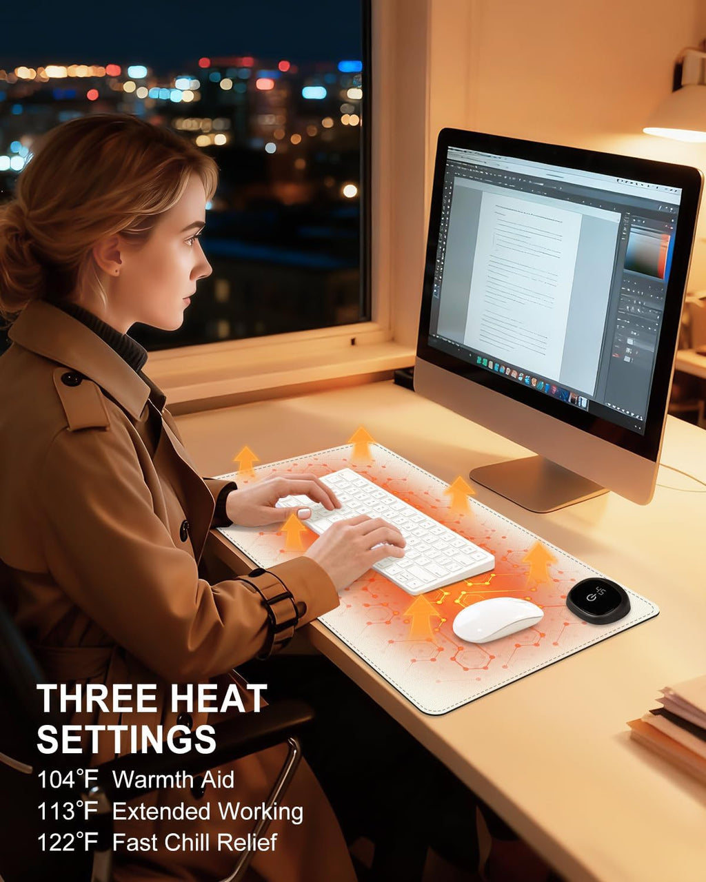 Heated Desk Pad, 23.6" x 14.2" Leather Non-Slip Warm Desk Pad, Large Mouse Mat with 3 Levels Heating & 3 Hours Auto Shut-Off, Hand and Foot Warmer for Office, Home, Apricot