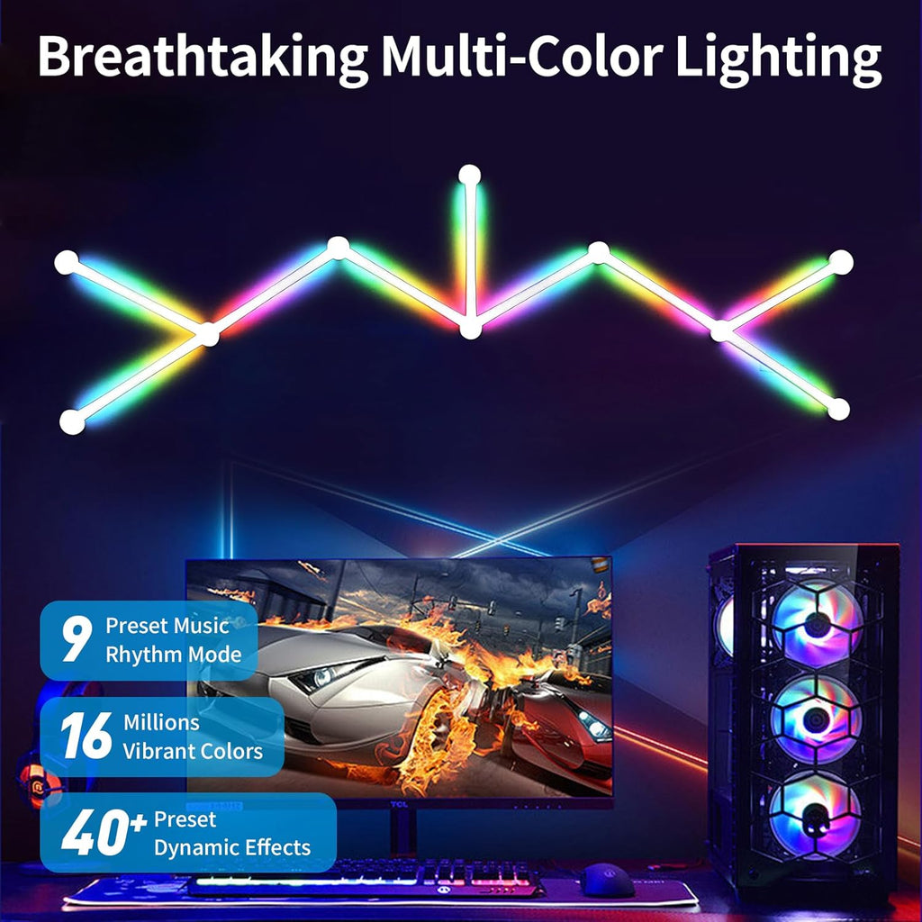RGB Wall Light, LED DIY Geometry Splicing Gaming Lights, Backlit Modular Wi-Fi Colour Changing Home Decor Lights Work with Alexa and Google Assistant for Game Room, Bedroom (9 Lines, White)