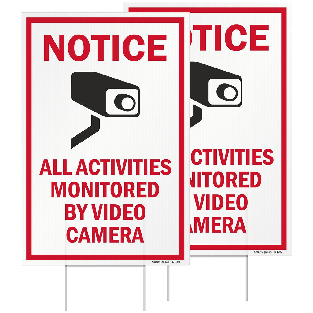 SmartSign 12" x 18" (2-Pack) All Activities Monitored By Video Camera Yard Sign with 15" Metal H-Stake, Double Sided Sign with Camera Symbol, 160 mil Thick Corrugated Plastic Lawn Signs, USA-Made