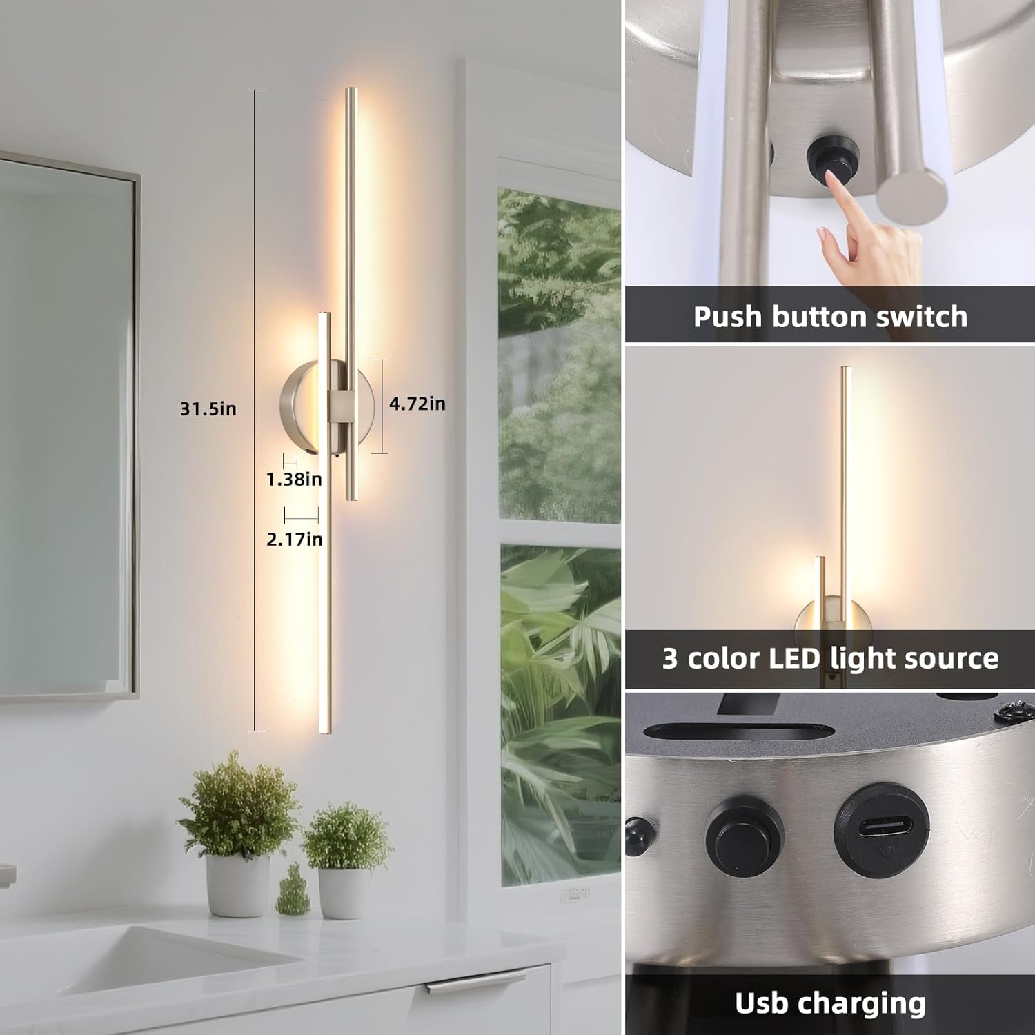 Battery Operated Wall Sconce set of 2, USB Rechargeable Wireless Sconces with Remote Control, LED Dimming Wall Lamp 3 Color/Timer/Memory, 31.4 Inch Brushed Nickel Wall Lights for Bedroom Living Room