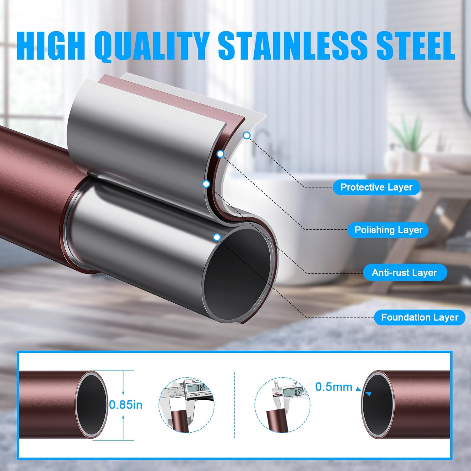 TEECK Shower Curtain Rod, 32-92 inch Adjustable Spring Tension Curtain Rod, Never Rust Anti-Slip Shower Curtain Rod for Bathroom, No Drilling, Never Collapse, Easy to Use, Brown