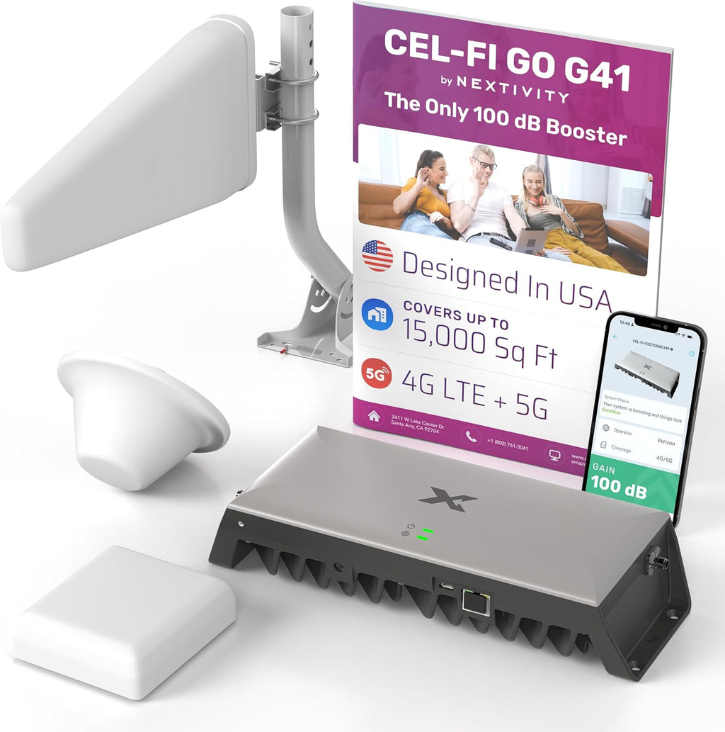 CEL-FI GO G41 | Cell Phone Booster for Home | 4G, 5G, AT&T, Verizon & T-Mobile | Up to 15,000 Sq Ft Coverage | 100 dB Cell Phone Signal Booster | FCC Approved | 1 Antenna Kit