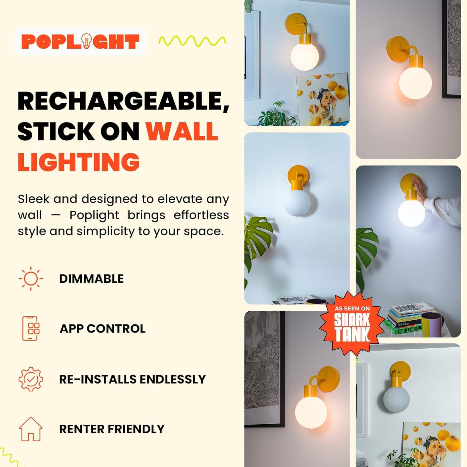 Wireless Wall Sconce (Shark Tank) Rechargeable & Dimmable LED Light w/App Control & Damage-Free Install, Moveable Modern Ambient Lighting for Elegant Home & Bedroom Decor | Marigold