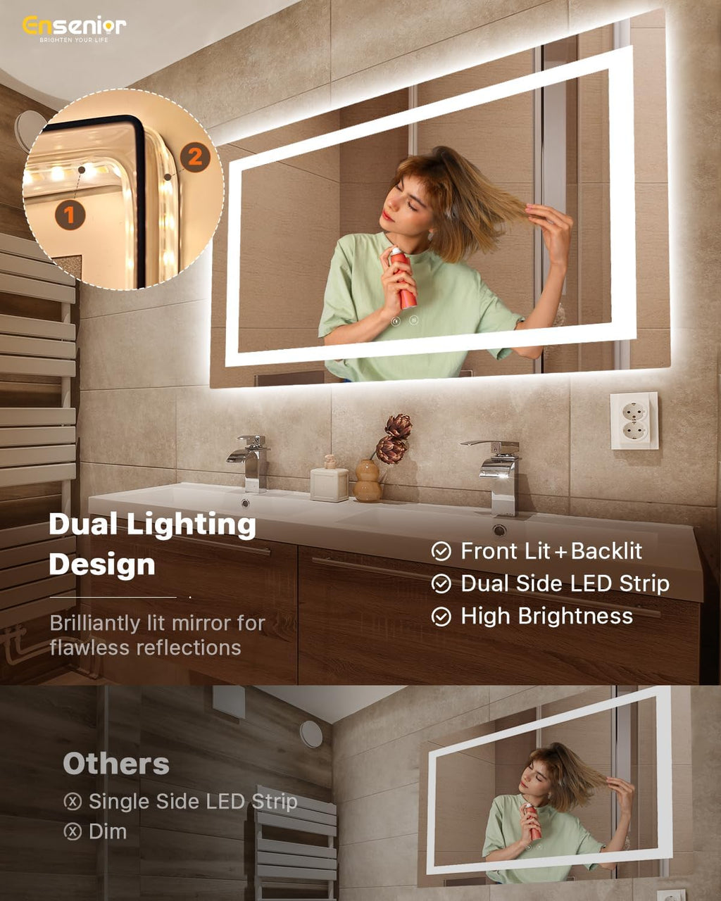 Ensenior LED Bathroom Mirror 55"x 30" with Front and Backlight, Stepless Dimmable Wall Mirrors with Anti-Fog, Shatter-Proof, Memory, 3 Colors, Modern LED Vanity Mirror-ETL & FCC