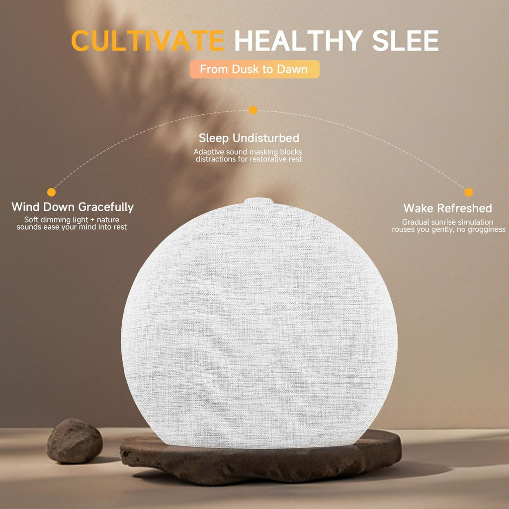 Sunrise Alarm Clock White Noise Sound Machine for Bedroom | Natural Wake-Up Light with 30 Soothing Sleep Aids, Bluetooth Speaker, Dimmable Clock, Screen-Free Design for Baby Adults Kids-White