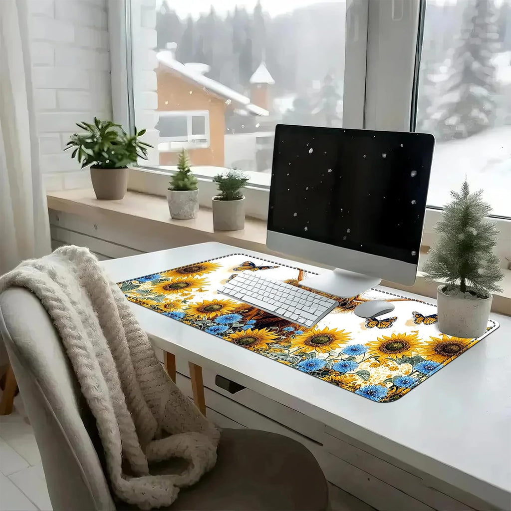 Heated Mouse Pad with 3 Temperature Settings(104°F–122°F),Large 31.5x13 Inch PU Leather Heated Desk Mat,Waterproof Warming Pad for Office,Gaming & Cold Hands Relief,Sunflower Cow