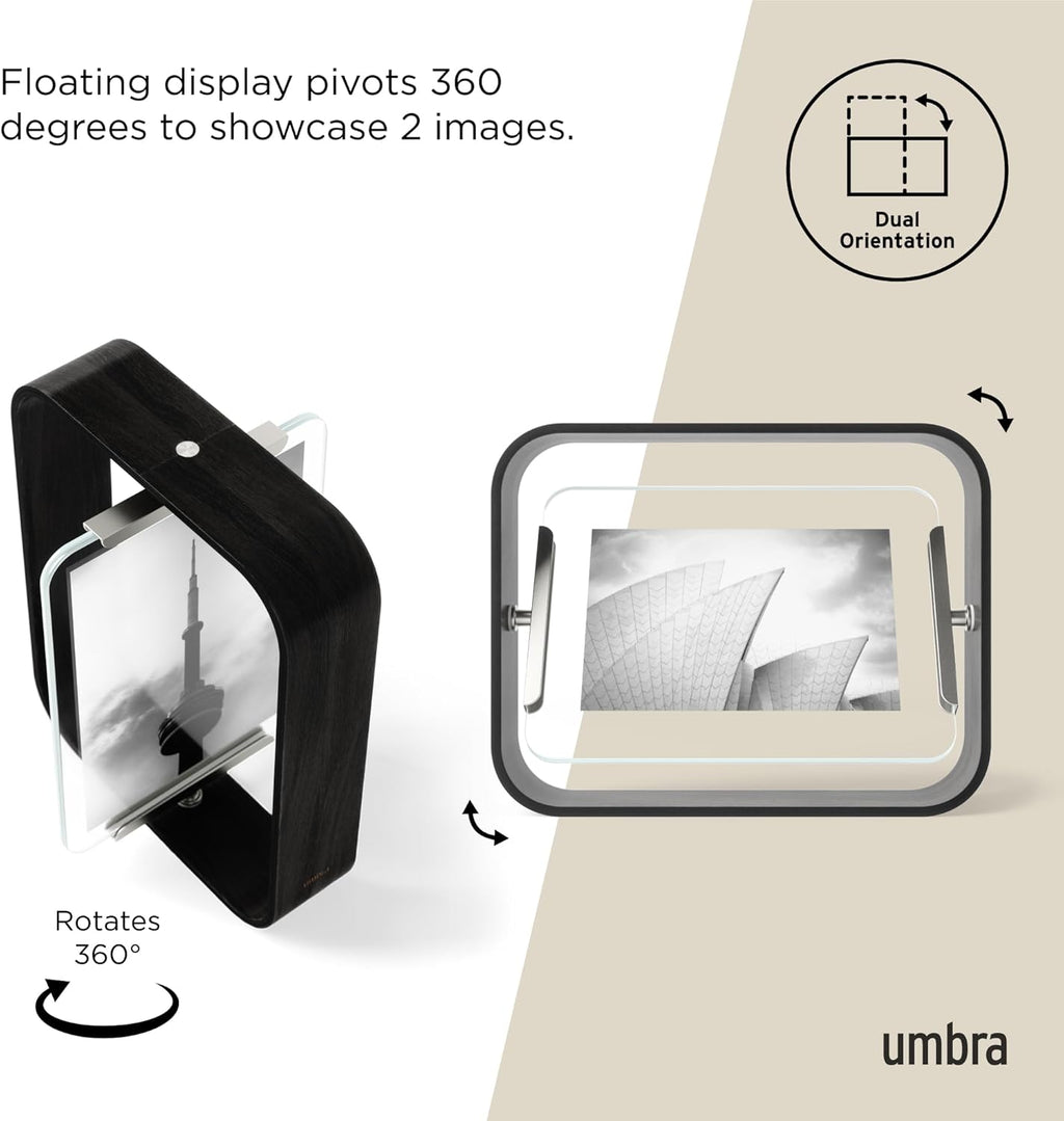 Umbra Bellwood 5x7 Desk Picture Frame with Bent Wood Trim and Two-Sided Rotating Display, Black