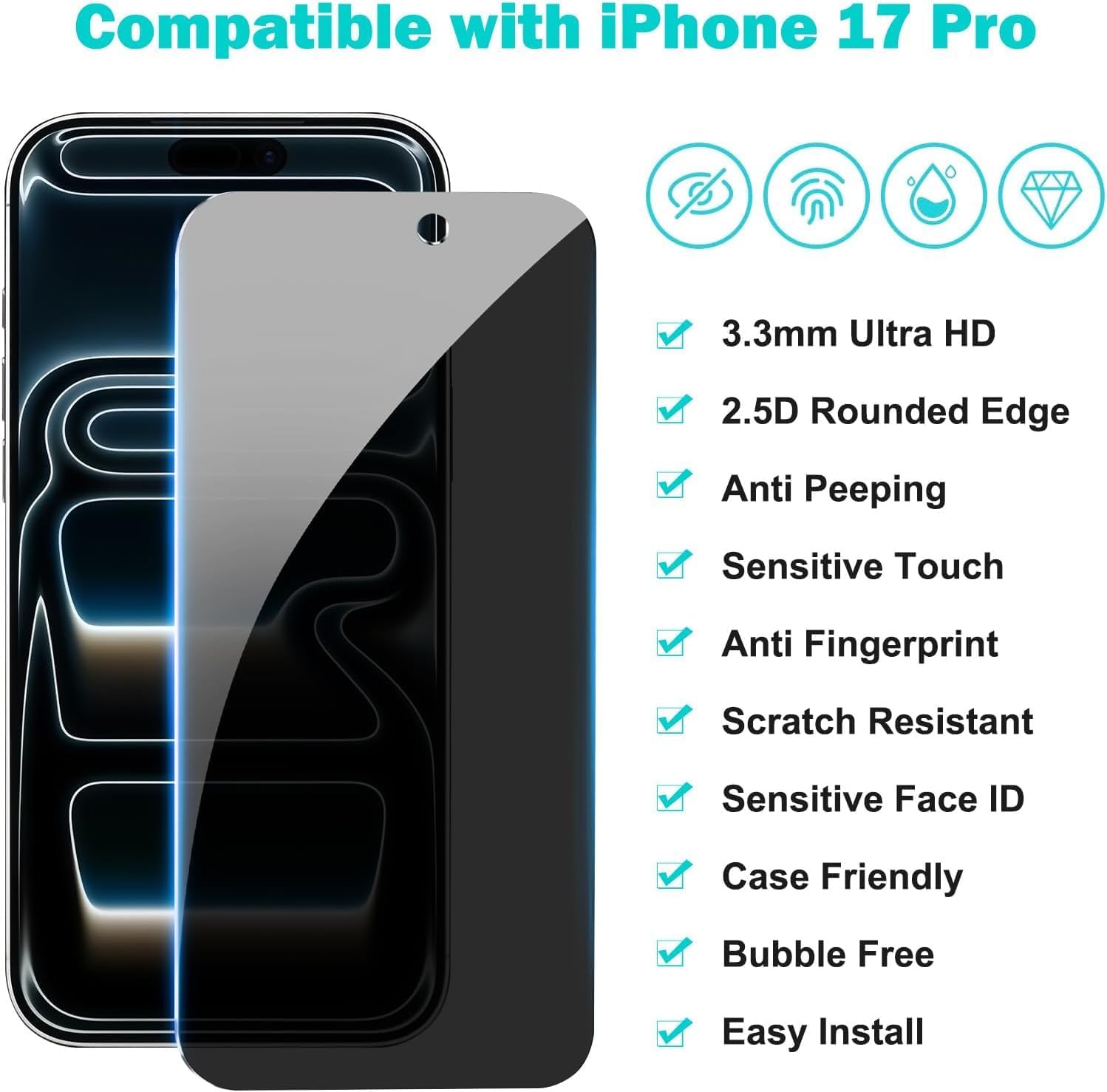 3 Pack for iPhone 17 Pro Screen Protector Privacy Full Cover Glass + 2 Camera Lens Protector 9H+ Tempered Glass Military Grade Shatterproof Anti Spy Bubble Free Auto installation Frame