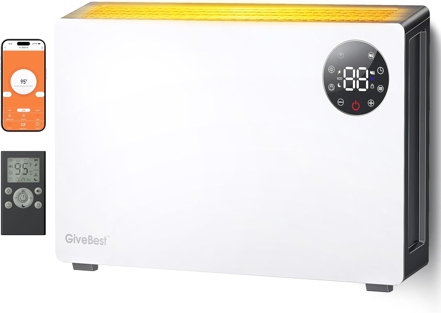 GiveBest Super Quiet Wall Heaters for Indoor Use, Baseboard Design Space Heater, Adjustable Thermostat, Child Lock, 12H Timer, 1500W Easy-mounted Electric Smart Heater for Bedroom Living Room Garage