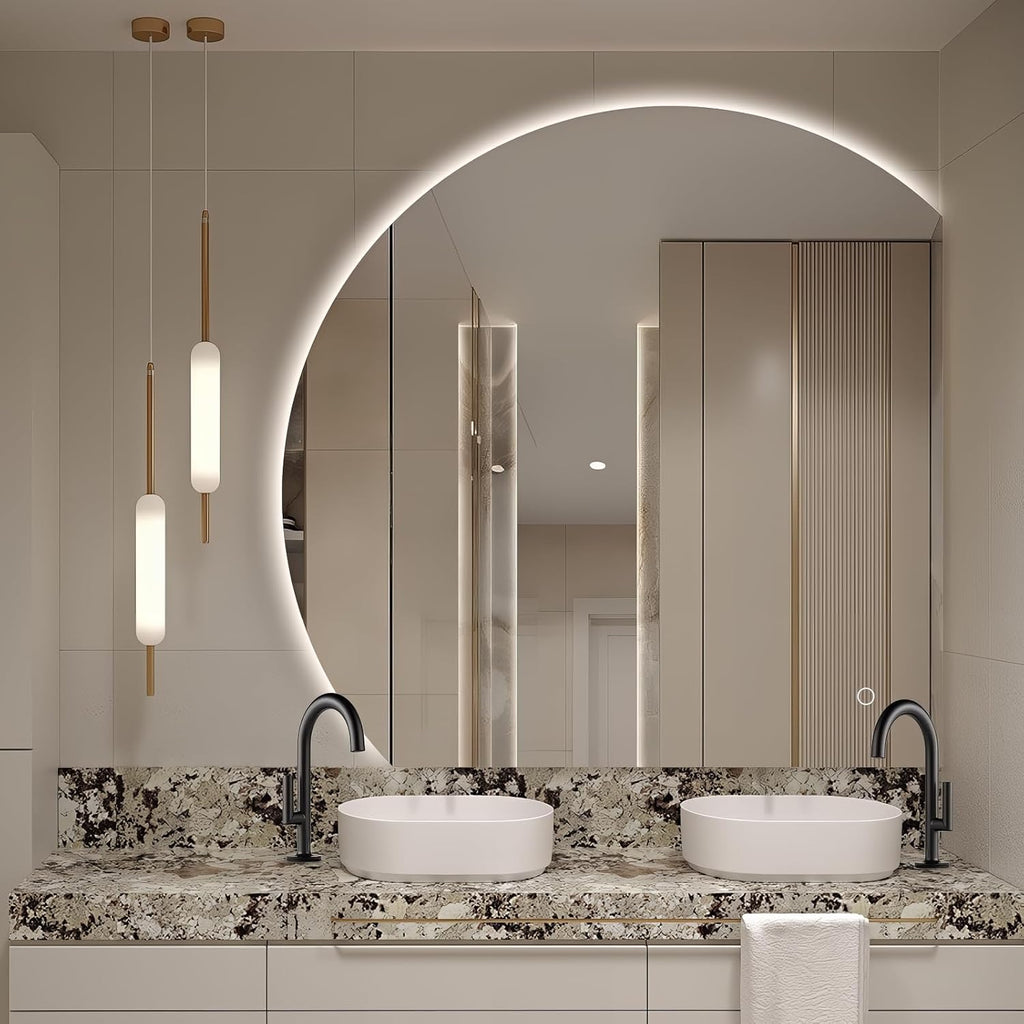 Niccy 40" Semicircular Wall Mounted Frameless LED Mirror, Modern Half Moon Design, Anti-Fog, Shatter-Proof, 3 Color Temperatures, Dimmable Light, Bathroom & Bedroom Use