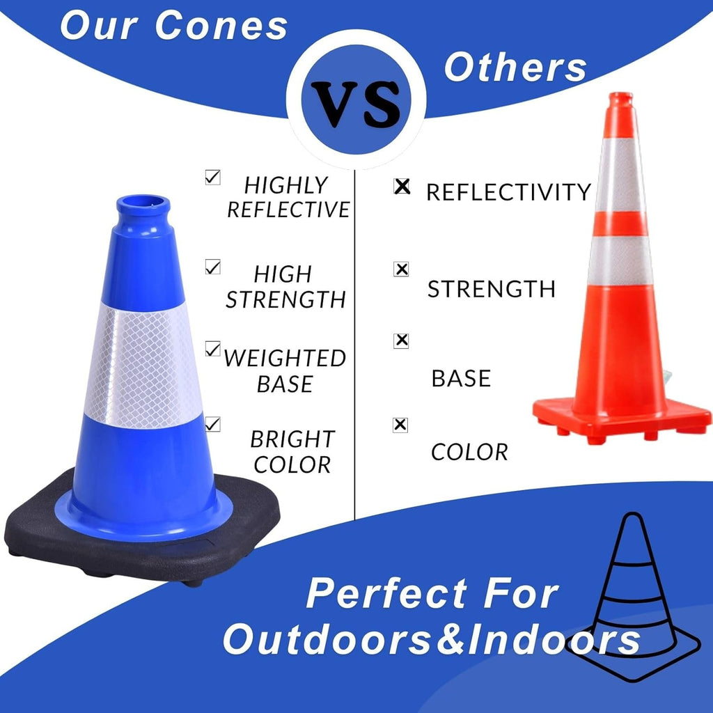 BESEA 6Pack 12 Inch Blue Traffic Cones with 4 Inch Reflective Collar, Heavy Duty PVC Safety Cones with 8.5 x 8.5 Inch Base for Parking, Driving Practice, Sports Training, and Construction