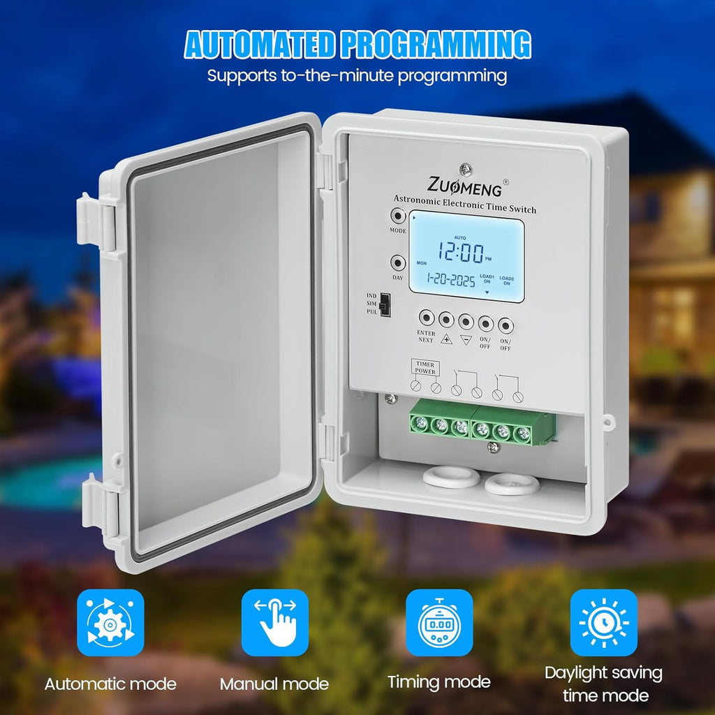 2-Circuit 30Amp Astronomic Electronic Time Switch, Automated Weekly Scheduling, to-The-Minute Programming, Built-in Rechargeable Lithium Battery, IP65 Waterproof, Supports 120-277 VAC
