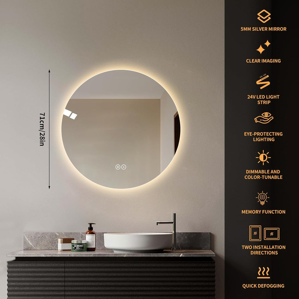 Round LED Bathroom Mirror with Light, Backlit Mirror for Bathroom, Frameless LED Smart Vanity Mirror with 3 Color Lights, Anti-Fog, Smart Touch Button, Shatter-Proof, IP65, 90+ CRI(28" L x 28" W)