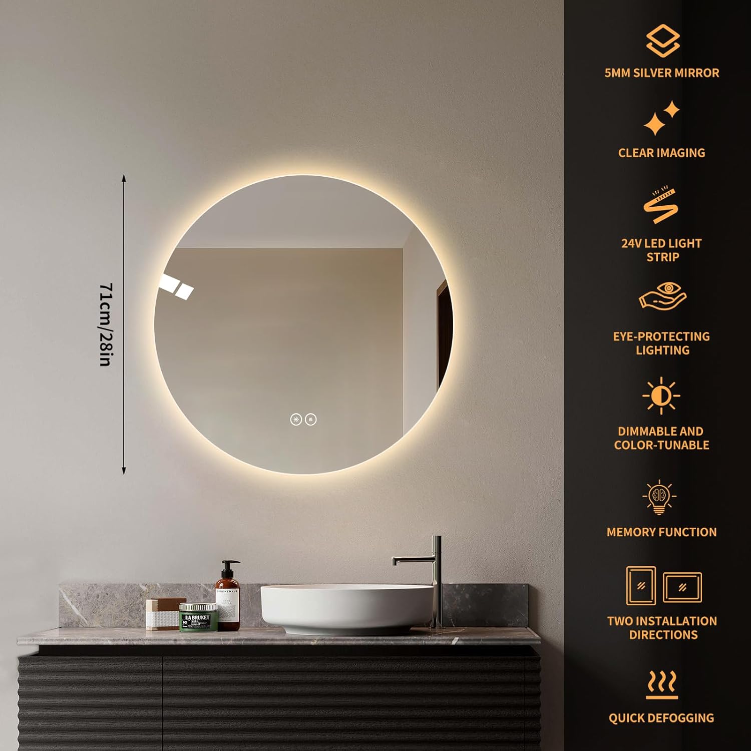 Round LED Bathroom Mirror with Light, Backlit Mirror for Bathroom, Frameless LED Smart Vanity Mirror with 3 Color Lights, Anti-Fog, Smart Touch Button, Shatter-Proof, IP65, 90+ CRI(28" L x 28" W)
