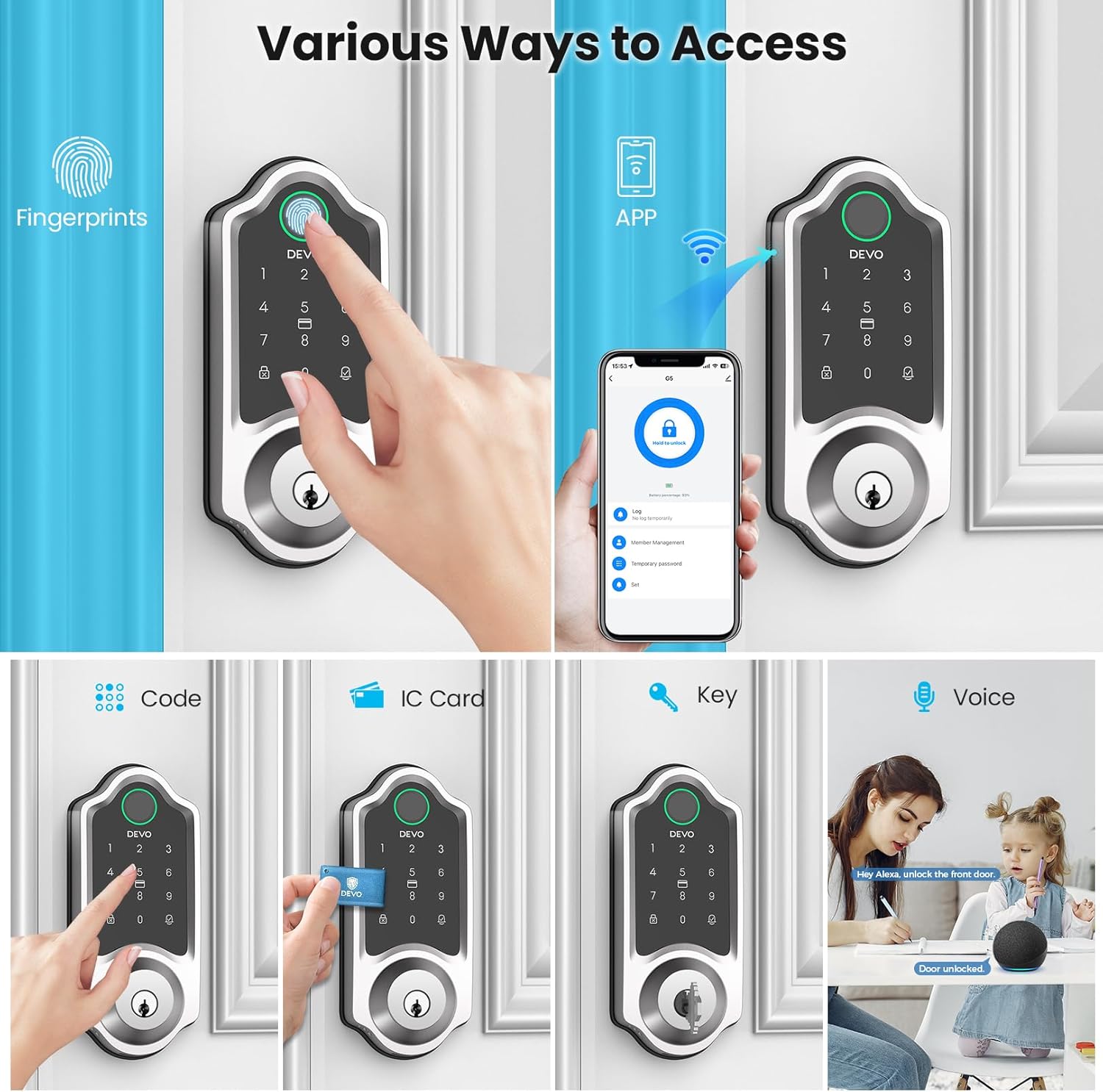 DEVO G8 Smart Lock, 6-in-1 Fingerprint Keyless Entry Door Lock with Doorbell, Built-in Wi-Fi, APP Remote, Auto-Lock, Front Door Smart Deadbolt, Easy Install, IP54 Waterproof