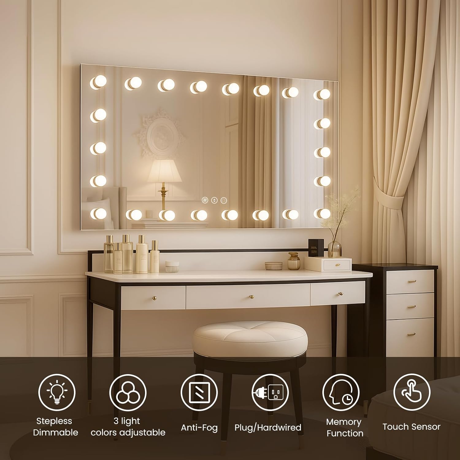 WTTY LED Bathroom Mirror with Lights 55"x36" Hollywood Wall-Mounted Mirror with 3 Color Temperatures, Stepless Dimmable Bulbs, Anti-Fog & Shatter-Proof