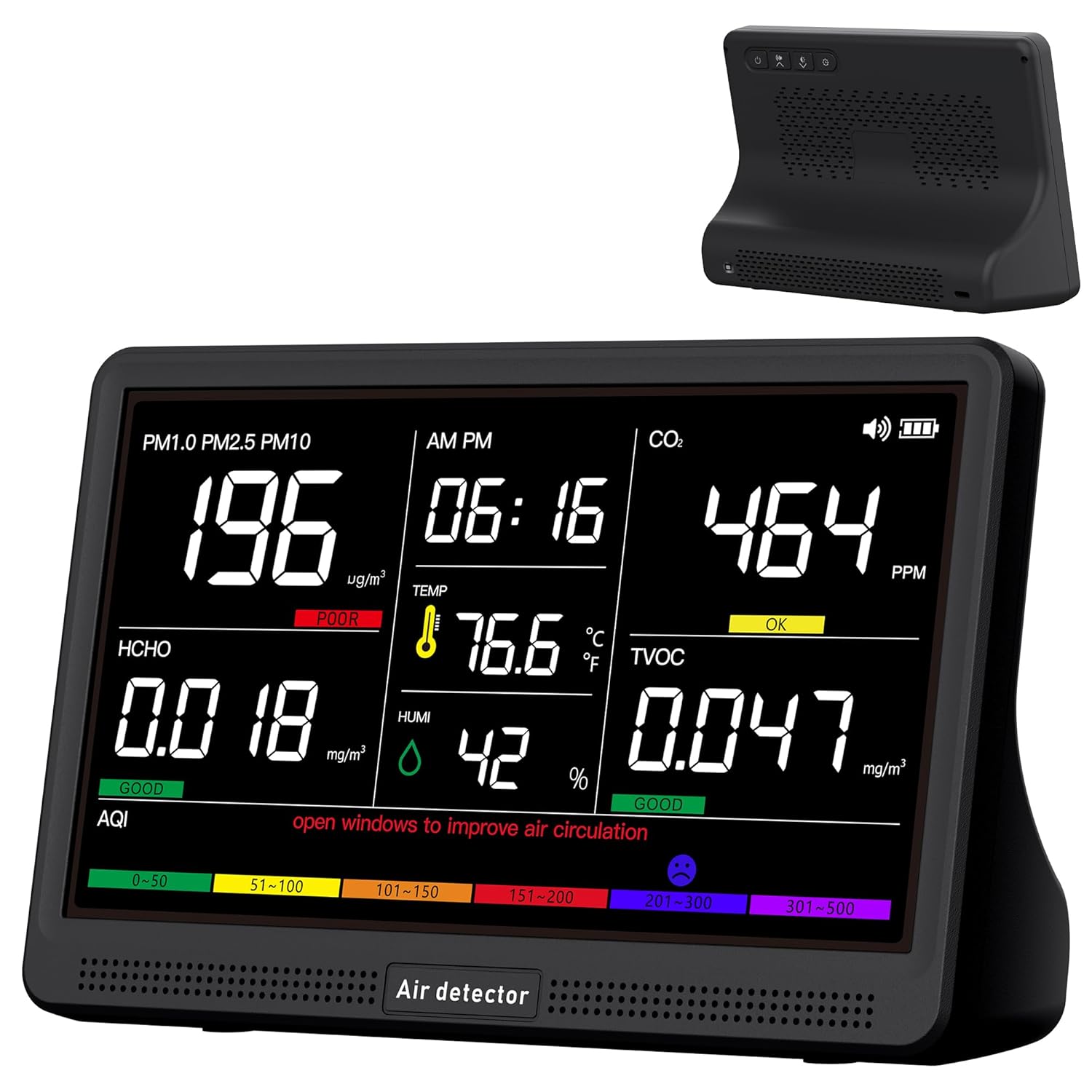 bonoch 16 in 1 Air Quality Monitor Indoor 7" Display 9 AQI+7 AQI Alerts, CO2 Monitor Air Quality Tester for CO2, TVOC, PM2.5 PM1.0 PM10, HCHO Temperature Humidity AQI & Time Air Quality Meter for Home