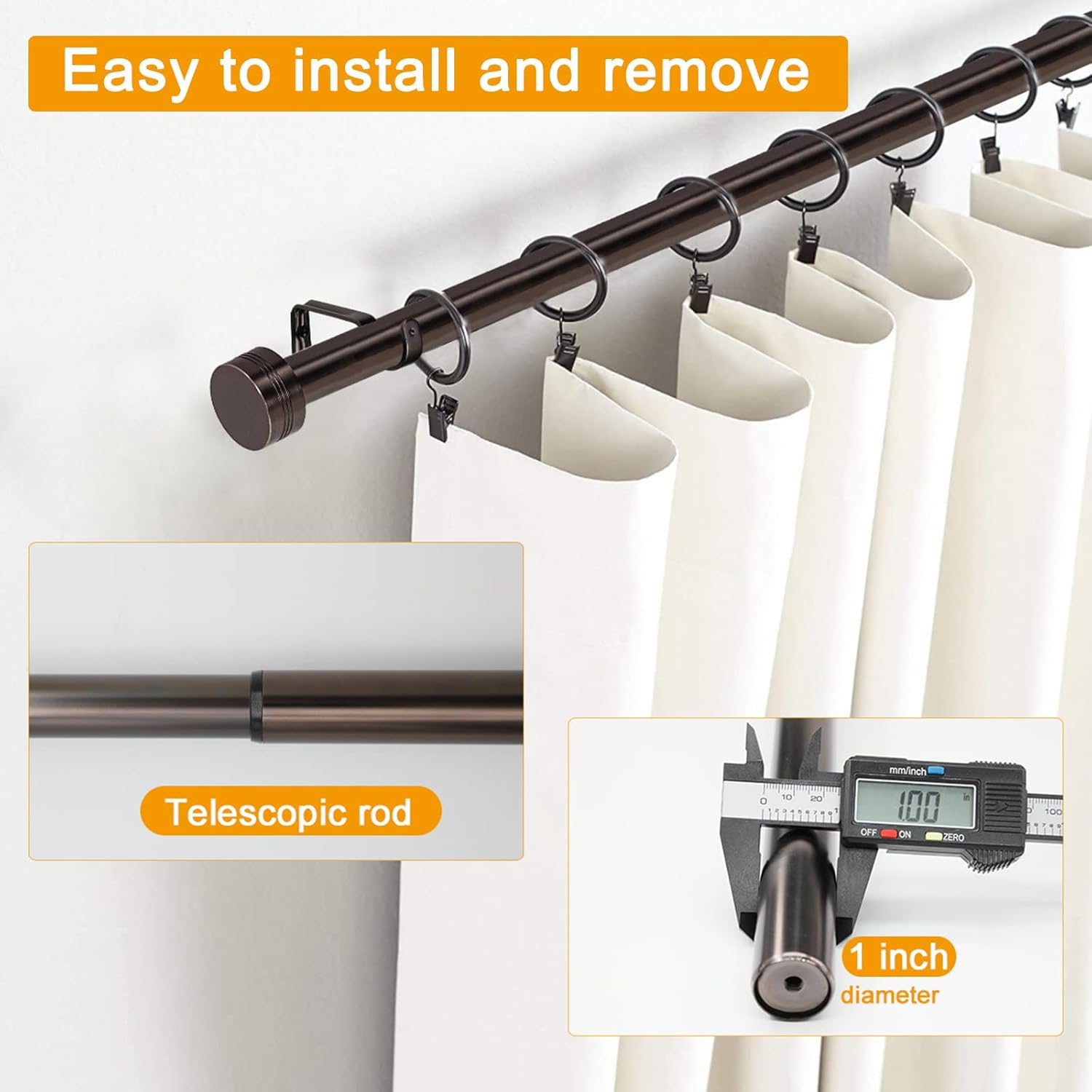 Adjustable Curtain Rods-18 to 144 Inches,1 Inch Modern Metal Drapery Rods, Adjustable Heavy Duty Curtain Pole with Simple End Caps