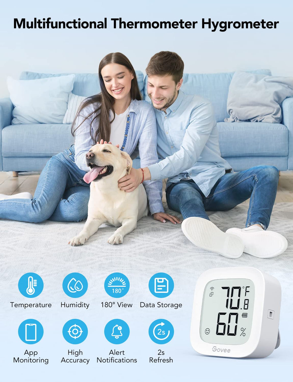 Govee WiFi Thermometer Hygrometer H5103, Indoor Bluetooth Temperature Humidity Sensor with Electronic Ink Display, App Notification Alert, Free Data Storage Export, Digital Remote Monitor for Bedroom