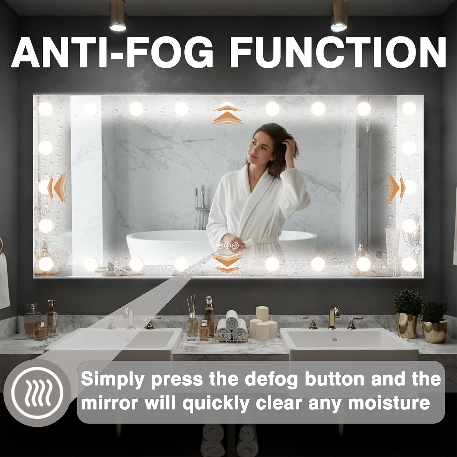 60x36 Hollywood Lit Bathroom Mirror with LED Bulbs, Colors Changeable & Brightness Dimmable, Anti Steam, Memory Function, ETL Listed, Tempered Glass, Wall Mountable, Horizontal/Vertical