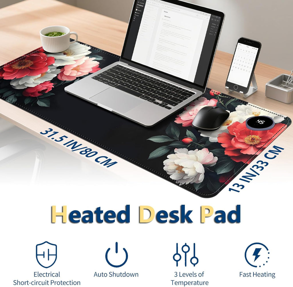 Heated Mouse Pad with 3 Temperature Settings(104°F–122°F),Large 31.5x13 Inch PU Leather Heated Desk Mat,Waterproof Warming Pad for Office,Gaming & Cold Hands Relief,Vintage Flowers