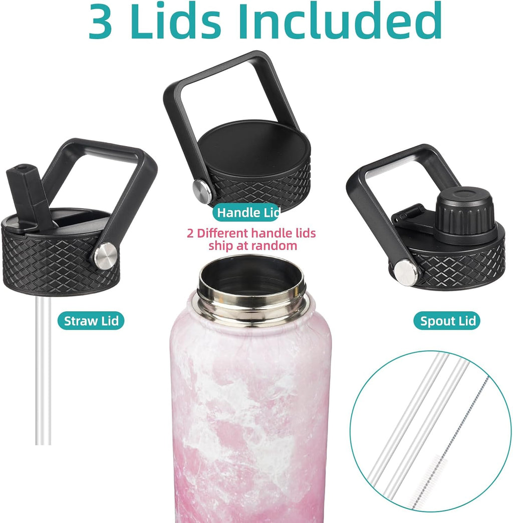 32 oz Insulated Water Bottle Stainless Steel Sport Bottles with 3 Lids,Marble Blossom