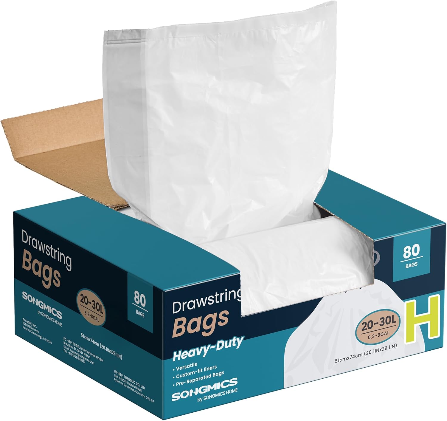 SONGMICS Trash Bags for 8-Gallon (30 L) Trash Cans, Drawstring Kitchen Garbage Bags, Pre-Separated, Quick-Dispense Box, Liner Code H, 2 Rolls, 80 Count, White UKRB031A02