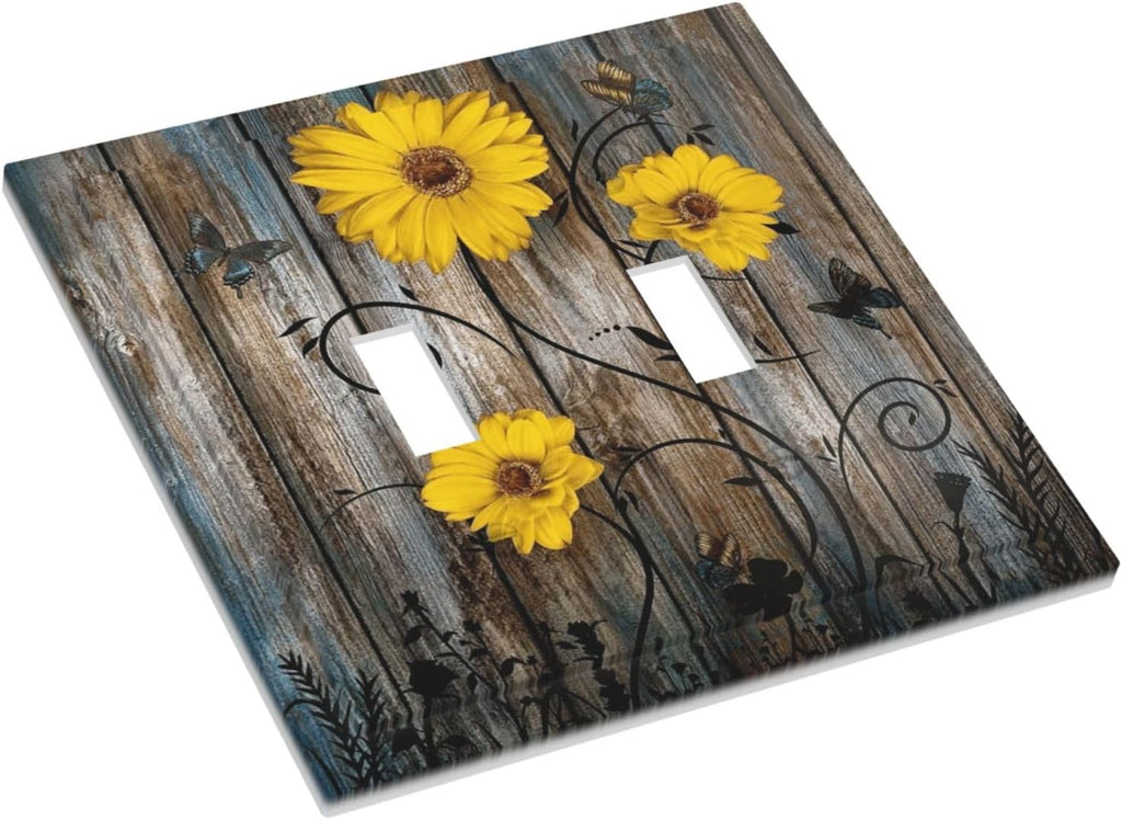 Rustic Barn Sunflower Wooden Daisy Flower Plank Decorative Switch Plates 2 Gang Double Toggle Outlet Light Switch Cover Wall Plate Electrical Faceplate for Farmhouse Home Decor