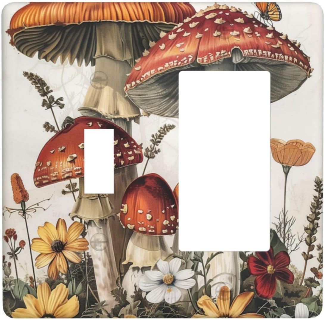 Outlet Covers Mushroom Forest Butterfly Wild Flower 1 Toggle 1 Rocker Combination Decorative Wall Plate Electrical Switch Plates Light Switch Cover Plate For Bed Room Living Room Decor