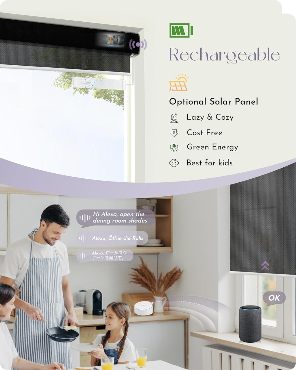 Graywind Motorized Solar Shades Compatible with Alexa Google Remote Electric Window Shade Fireproof Smart Roller Blinds with Valance for Home Office Patio, Custom Size (5% Openness Black)