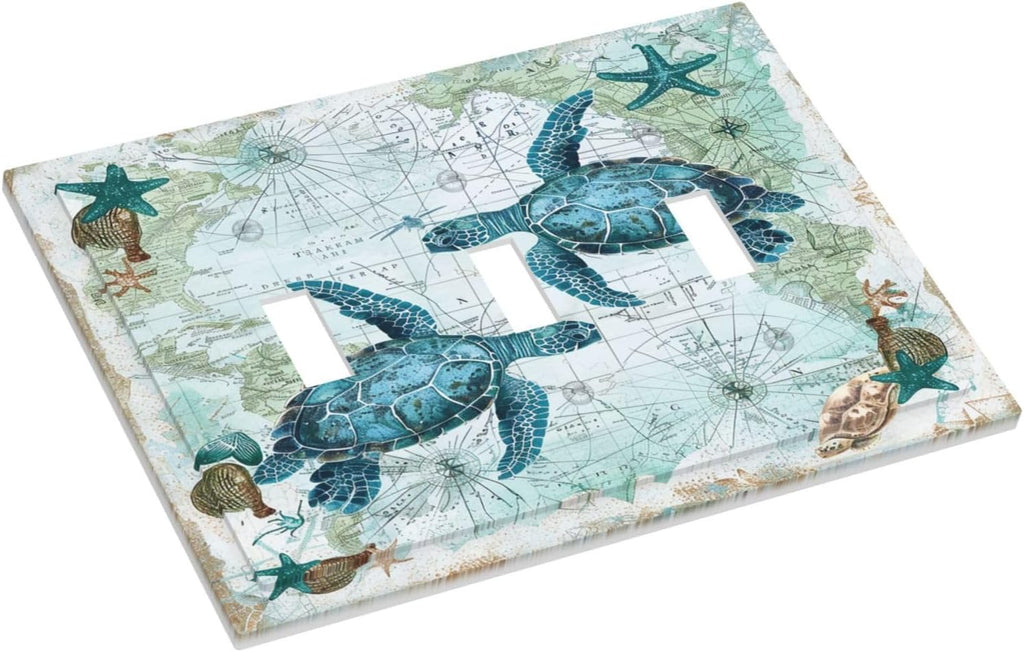 Decorative Switch Plates Nautical Green Sea Turtles Beach Blue Ocean 3 Gang Wall Plate Triple Toggle Light Switch Cover Faceplate Electrical Wall Panels For Bathroom Kids Room Decor