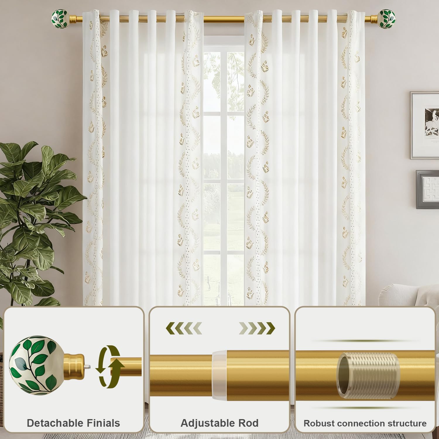 Ceramic Gold Curtain Rods for Windows 28 to 48 Inches Adjustable Length Heavy Duty 1" Diameter Window Curtain Rod with Modern Green Leaf Pattern Decorative Finials for Bedroom Living Room Kitchen