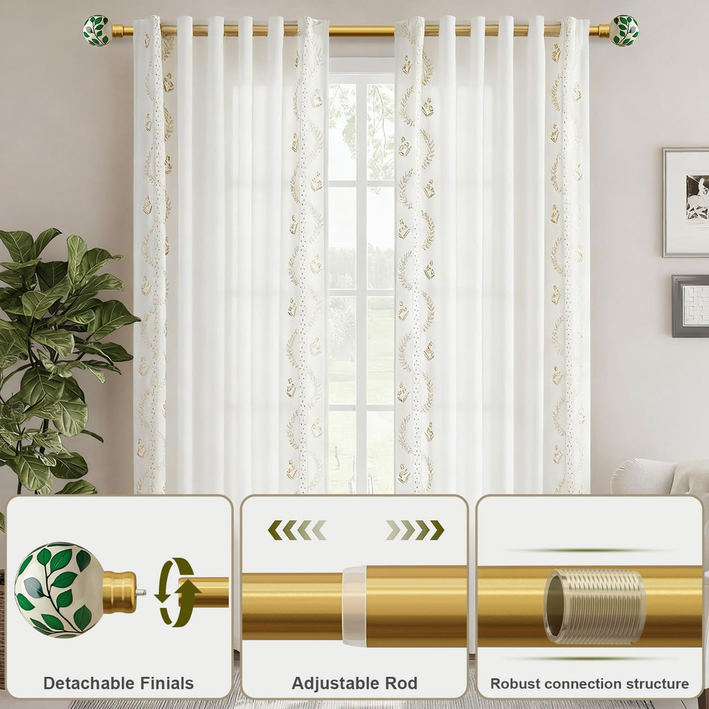 Ceramic c Curtain Rods for Windows 48 to 84 Inches Adjustable Length Heavy Duty 1" Diameter Window Curtain Rod with Modern Green Leaf Pattern Decorative Finials for Bedroom Living Room Kitchen