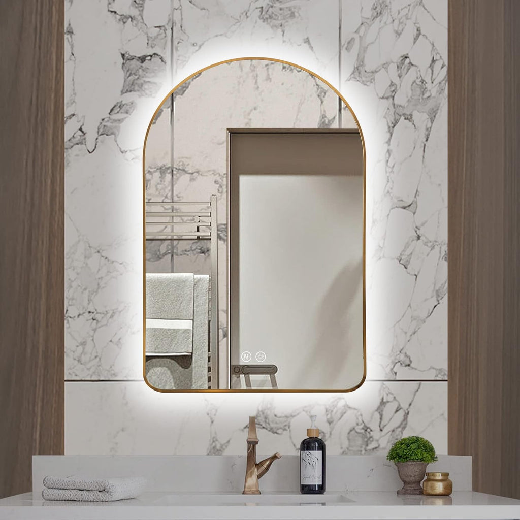 Niccy Arched LED Lighted Bathroom Mirror, 36x24 Inch Backlit Vanity Bathroom Mirror with Lights Brushed Gold Framed Wall Mounted Mirrors with 3 Color Shatterproof Arch Smart Fog Free Mirror