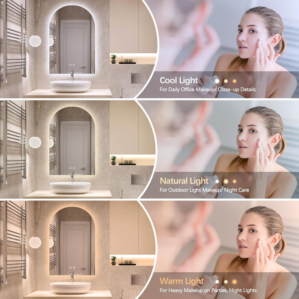 Niccy Arched LED Bathroom Mirror, 36x24 Inch Arch Frameless Backlit Mirrors for Wall Arched Lighted Vanity Mirrors Defogger and 3 Color, Explosion-Proof, HD Glass and IP65 Waterproof