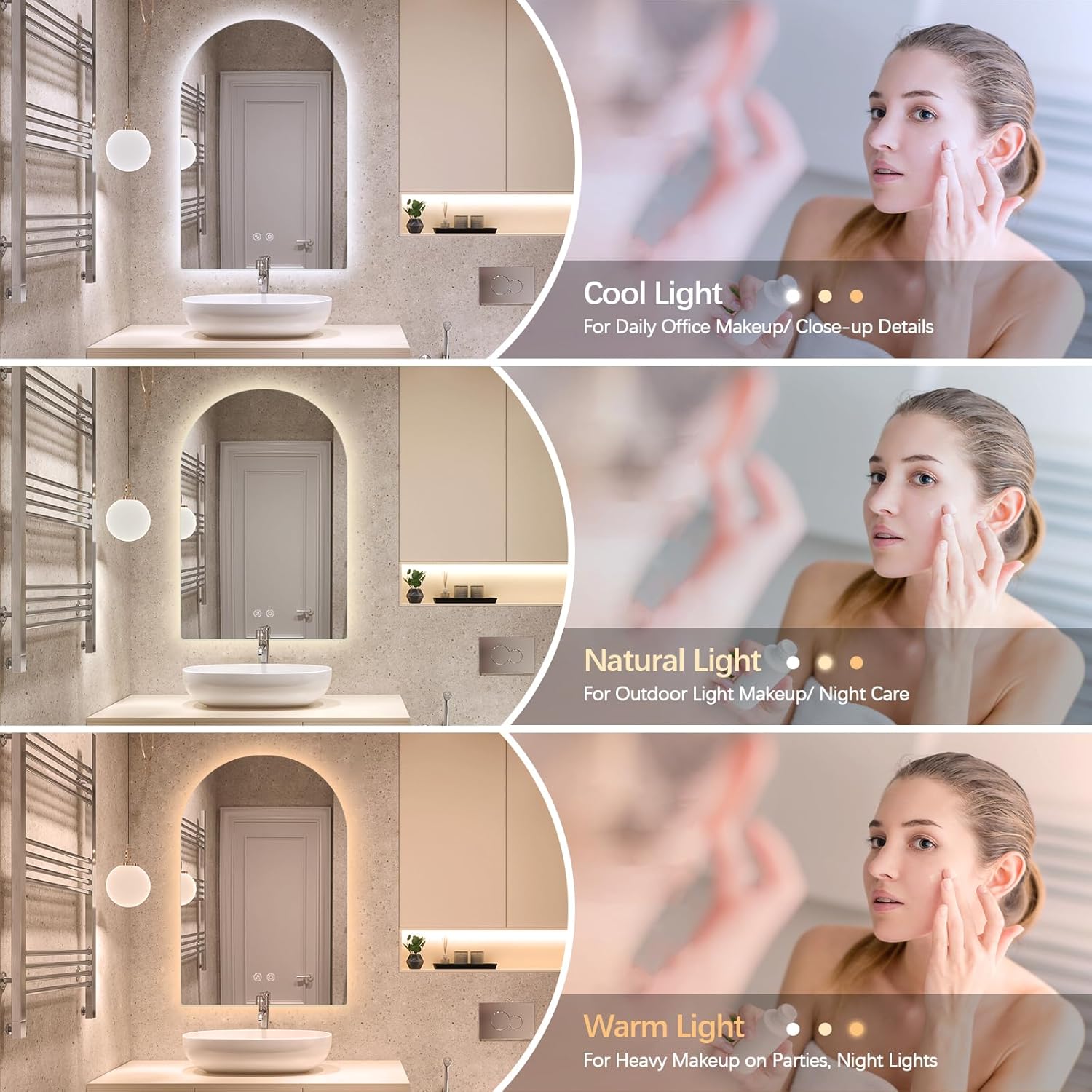 Niccy Arched LED Bathroom Mirror, 40x24 Inch Arch Frameless Backlit Mirrors for Wall Arched Lighted Vanity Mirrors Defogger and 3 Color, Explosion-Proof, HD Glass and IP65 Waterproof