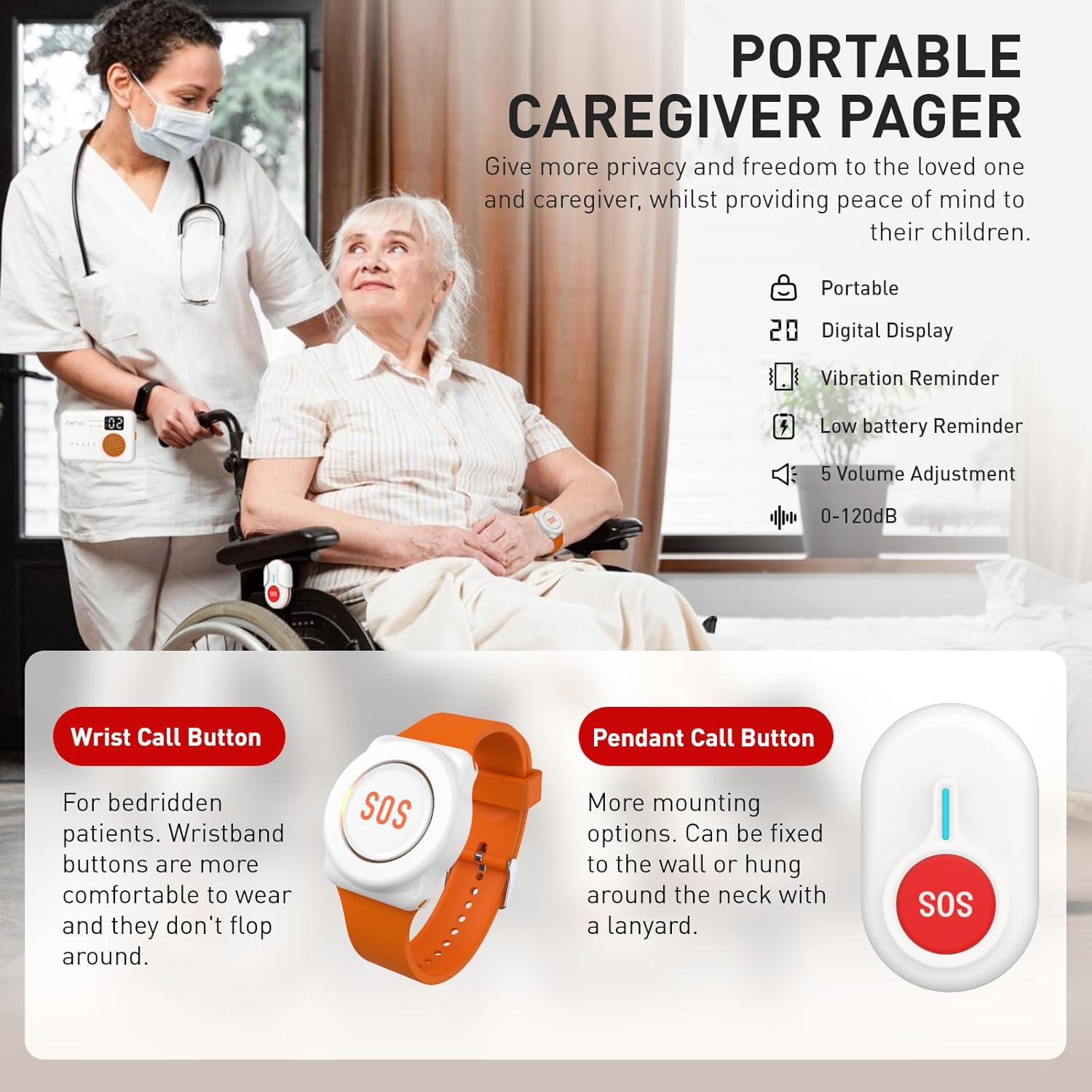 CallToU Caregiver Pager Wireless Wristband Call Buttons Elderly Monitoring SOS Alert System Pager for Elderly with Vibrate Digital Display Nurse Call Bell for Seniors/Patients Panic Emergency Bell