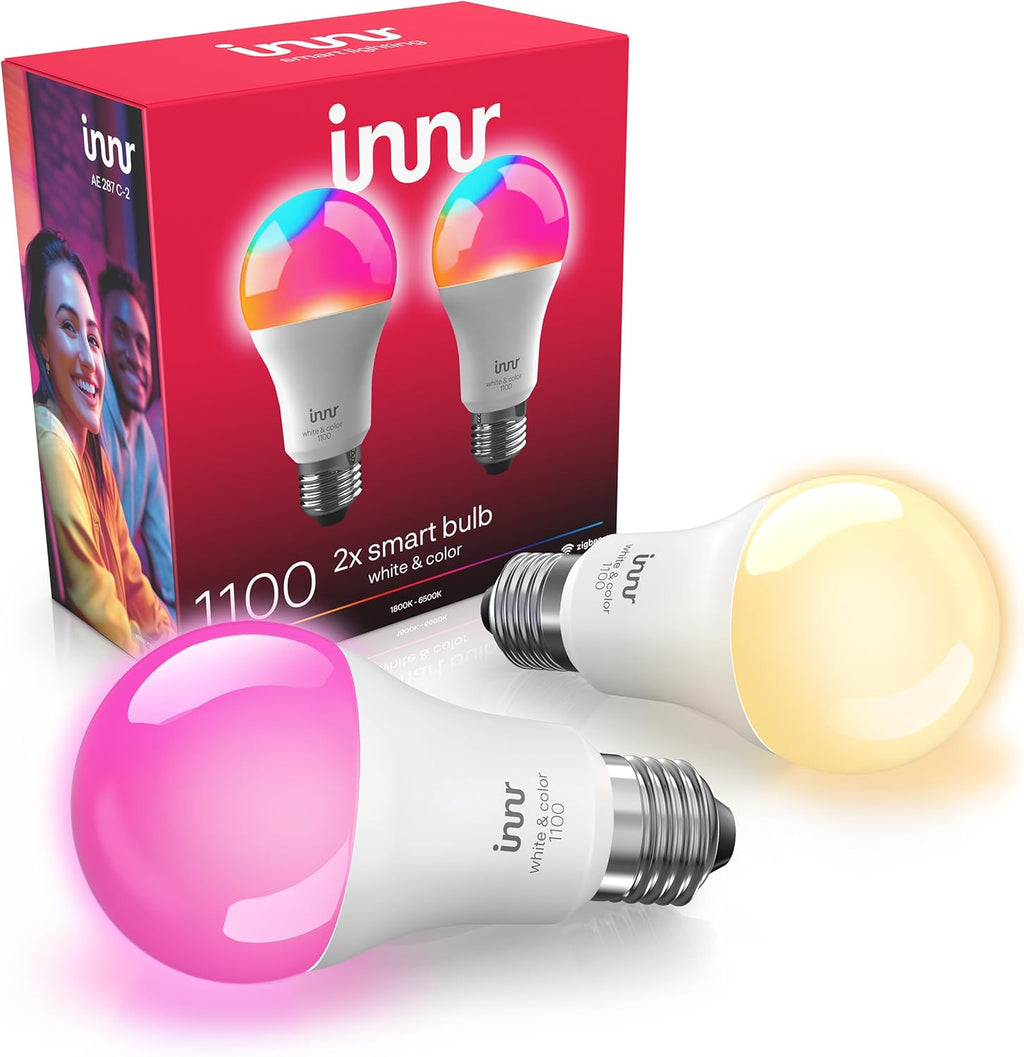 innr Zigbee A19 Smart Bulb, Works with Hue*, Alexa, SmartThings (Hub Required), White & Color, 40% More Brightness, E26 LED Color Changing Light Bulb, Dimmable, 1100 Lumen, 2-Pack