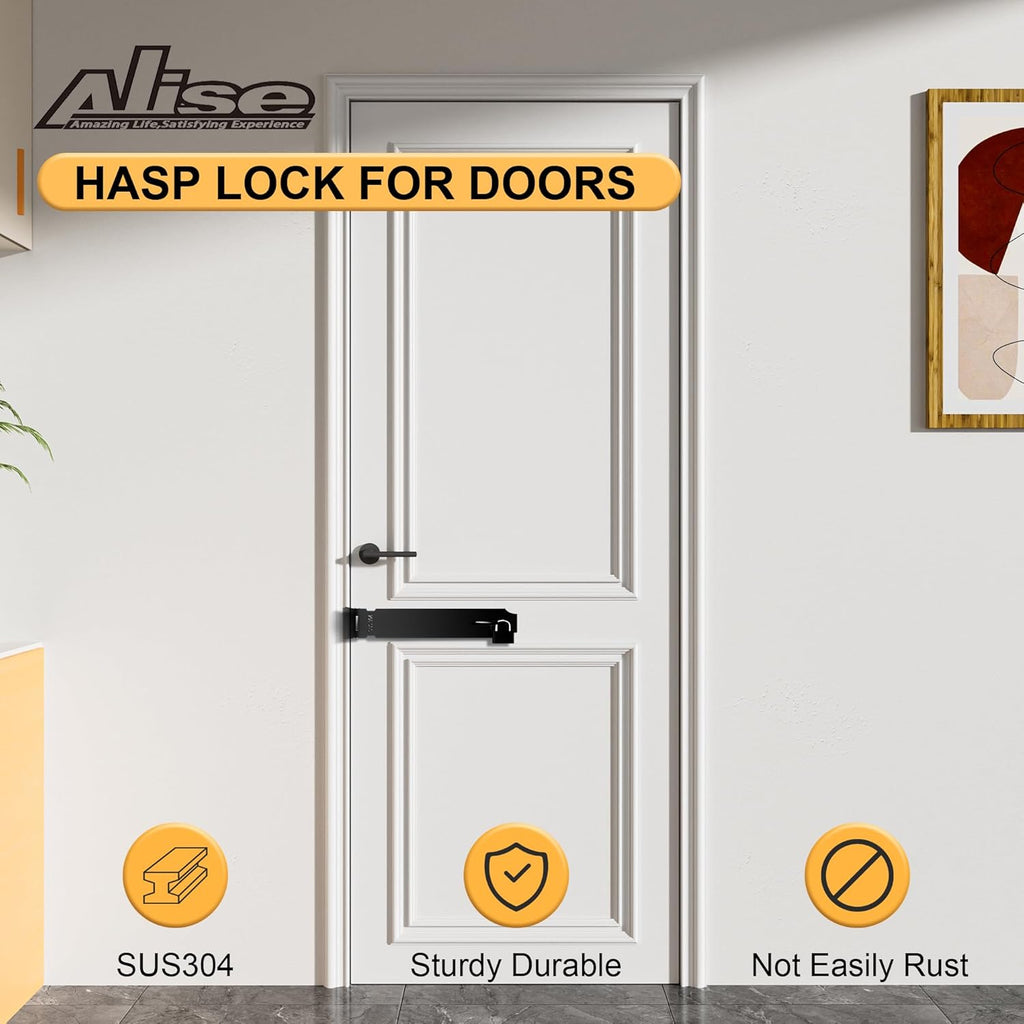 Alise Door Locks Hasp Latch,10 Inch SUS 304 Stainless Steel Safety Packlock Clasp Hasp Lock Latch,with Fixing Screw for External Doors Window Cabinet Pet Cage, Black MS9B-10C
