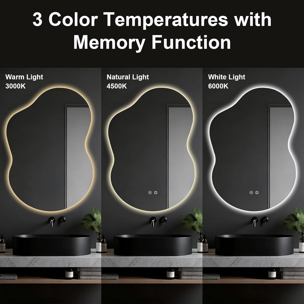 Asymmetrical Lighted Mirror for Bathroom,Modern LED Vanity Mirror with Backlit,Fog-Free,Tri-Color Dimmable Lighting with Memory Function,Hardwire Ready [Horizontal/Vertical] 40" H x 30" W