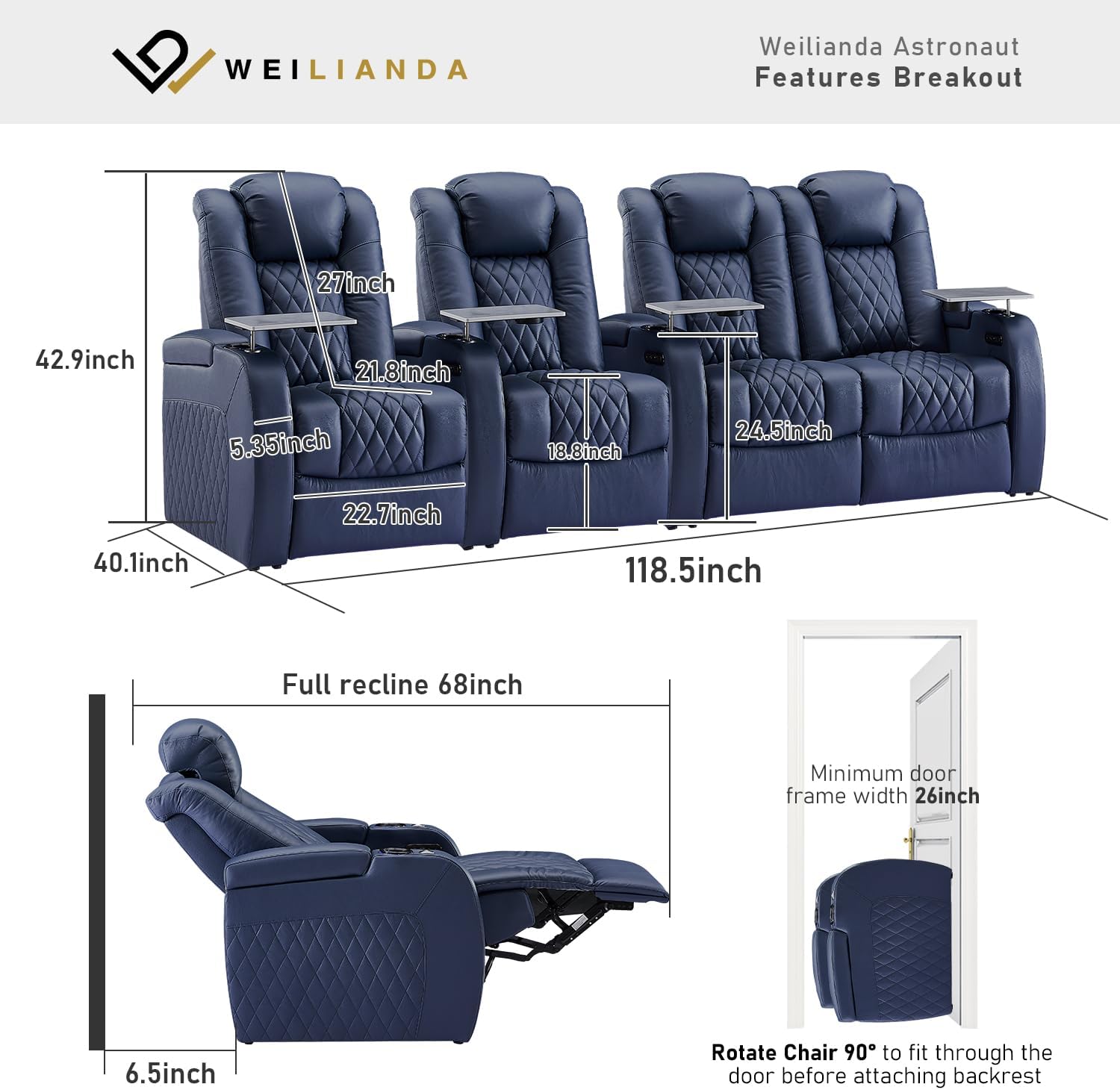 Weilianda Home Theater Seating Top Grain Leather Zero Gravity Recliner Chair Power Headrest Recline Movie Seat Gaming 7 Colors Mood Light Sofa with Tray Table USB Charge Row of 4 Loveseat Right Blue