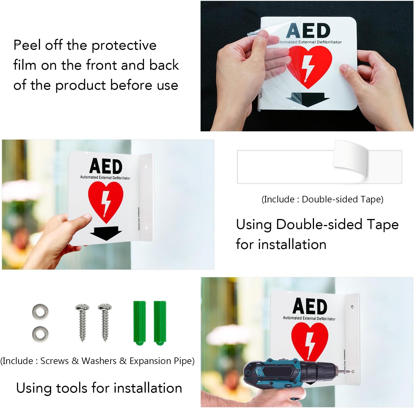 Faittoo AED Sign, AED Automated External Defibrillator with Down Arrow Sign, 6x6 Inches 90D Projection - Acrylic, 2 Pre-Drilled Holes, Includes Matching Screws, Use for Home Office/Business, 2 Pack
