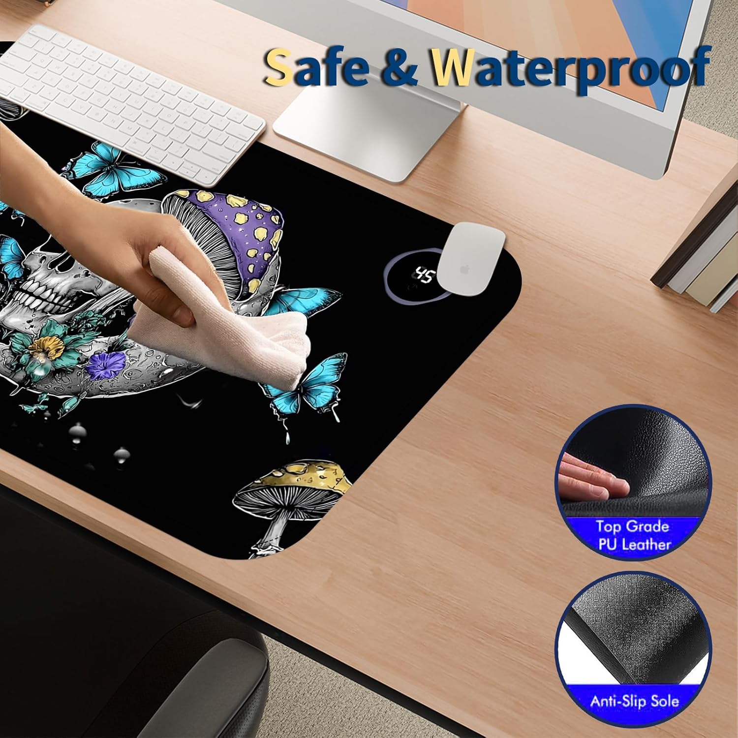 Heated Mouse Pad with 3 Temperature Settings(104°F–122°F),Large 24x14.2 Inch PU Leather Heated Desk Mat,Waterproof Warming Pad for Office,Gaming & Cold Hands Relief,Skeleton Moon Mushroom